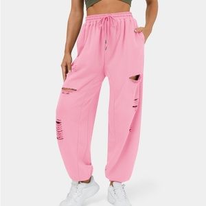 nwt | halara | women’s mid rise drawstring pocket ripped casual joggers | pink